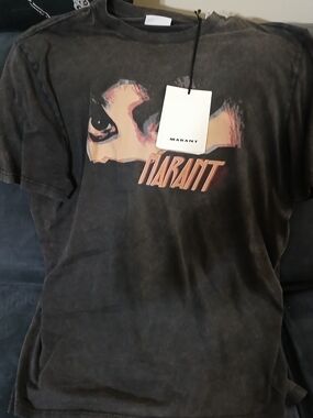 Isabel Marant Washed Black Graphic Tee with Pink Detail